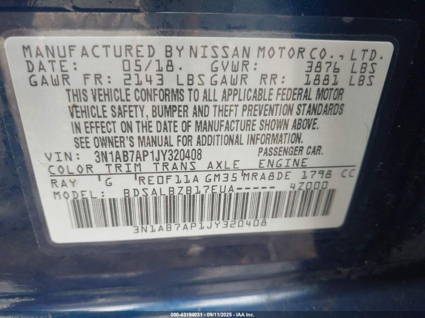 2018 Nissan Sentra S VIN: 3N1AB7AP1JY320408 Lot: 43194031