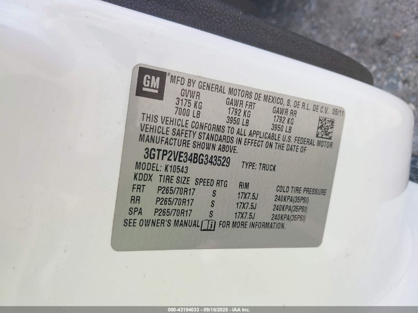 2011 GMC Sierra 1500 Sle VIN: 3GTP2VE34BG343529 Lot: 43194033