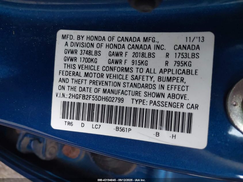 2013 Honda Civic Lx VIN: 2HGFB2F55DH602799 Lot: 43194045