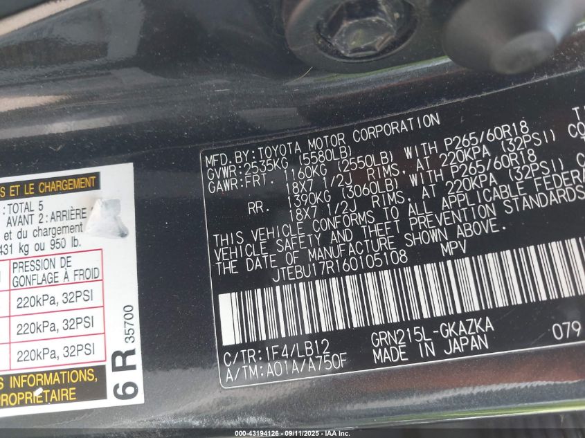 2006 Toyota 4Runner Limited V6 VIN: JTEBU17R160105108 Lot: 43194126