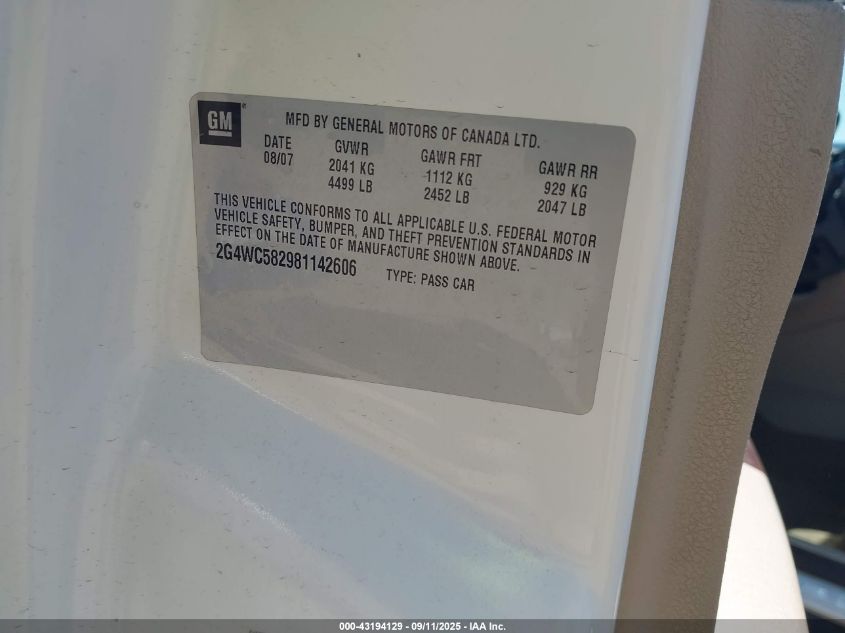 2008 Buick Lacrosse Cx VIN: 2G4WC582981142606 Lot: 43194129