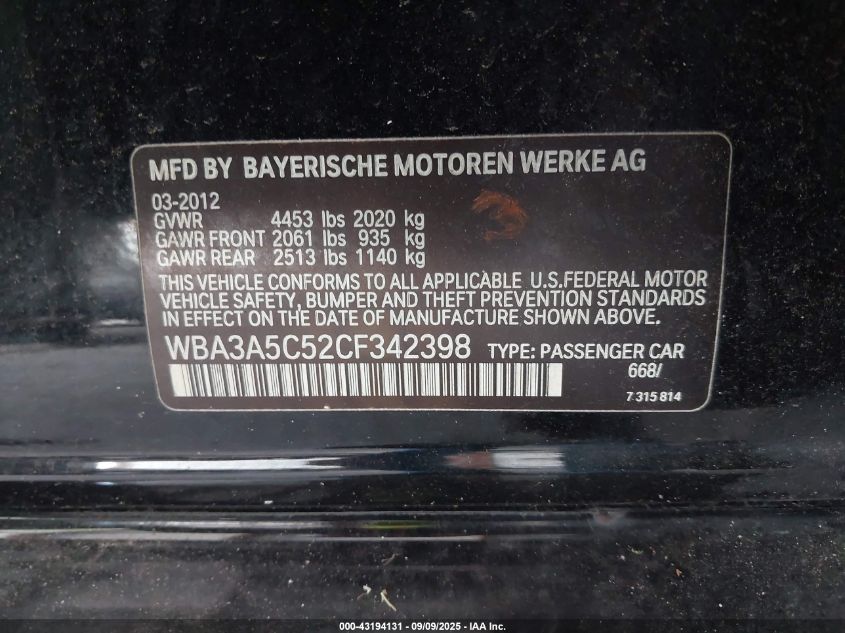 2012 BMW 328I VIN: WBA3A5C52CF342398 Lot: 43194131