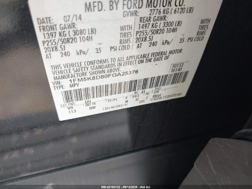 2015 Ford Explorer Xlt VIN: 1FM5K8D80FGA25376 Lot: 43194132