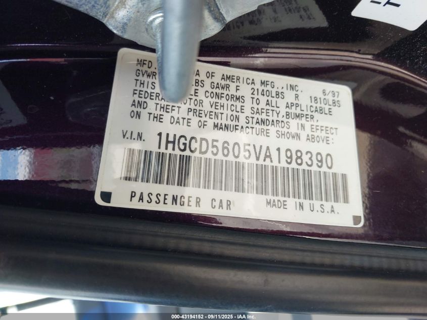 1997 Honda Accord Se VIN: 1HGCD5605VA198390 Lot: 43909747
