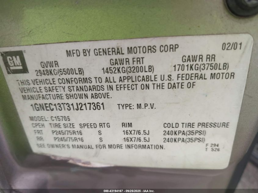 2001 Chevrolet Tahoe Ls VIN: 1GNEC13T31J217361 Lot: 43194167