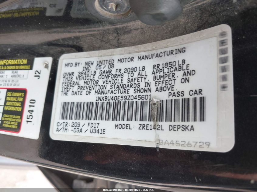 2009 Toyota Corolla S VIN: 1NXBU40E59Z045601 Lot: 43194169