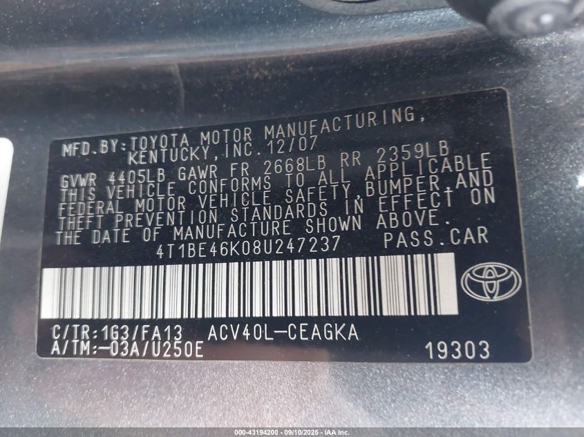 2008 Toyota Camry Xle VIN: 4T1BE46K08U247237 Lot: 43194200