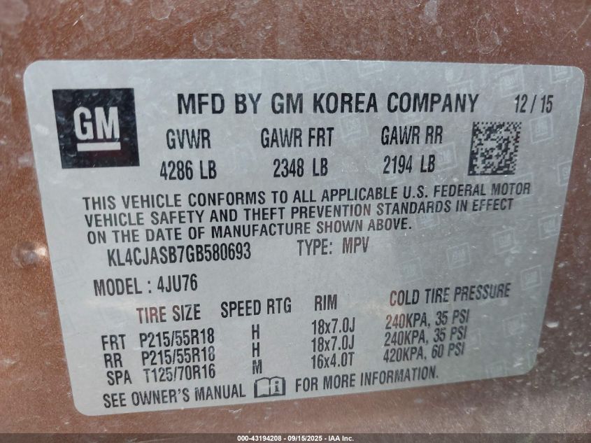 2016 Buick Encore VIN: KL4CJASB7GB580693 Lot: 43194208