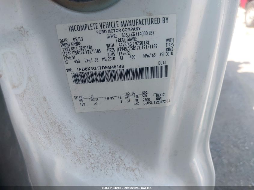 2013 Ford F-350 Chassis Xl VIN: 1FD8X3GT7DEB48148 Lot: 43194218