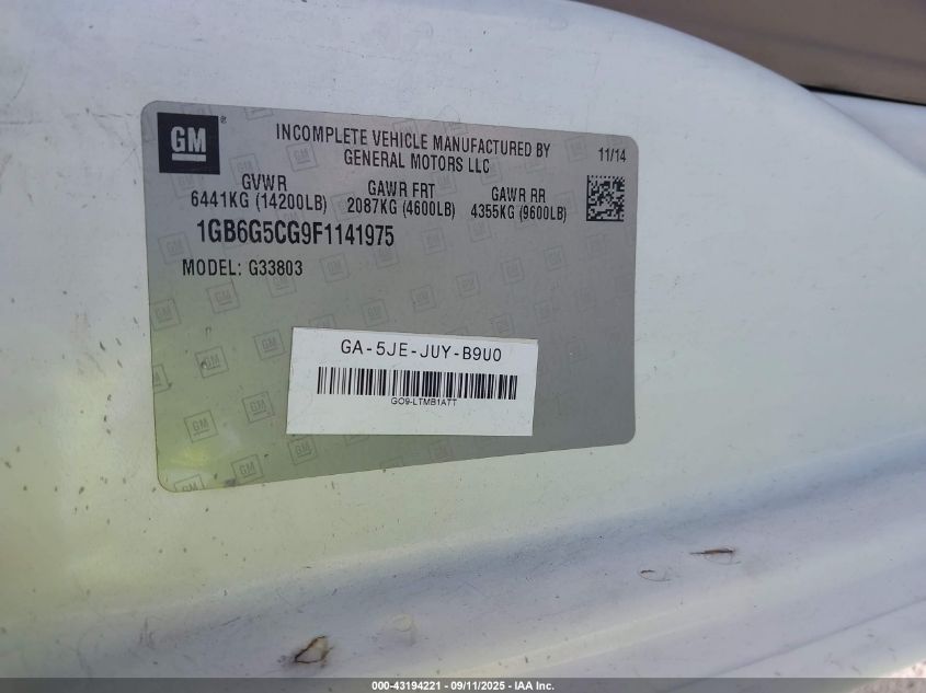 2015 Chevrolet Express Cutaway 4500 VIN: 1GB6G5CG9F1141975 Lot: 43194221