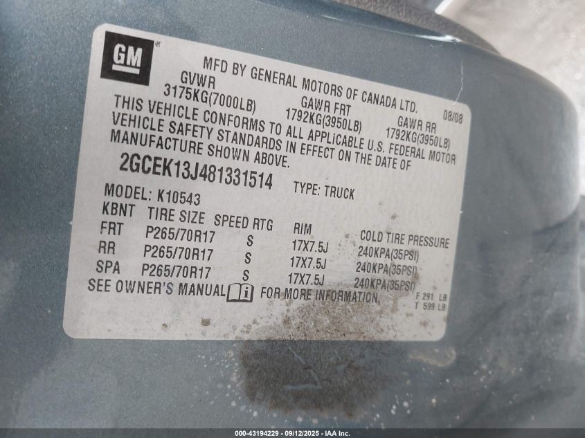 2008 Chevrolet Silverado 1500 Lt1 VIN: 2GCEK13J481331514 Lot: 43194229