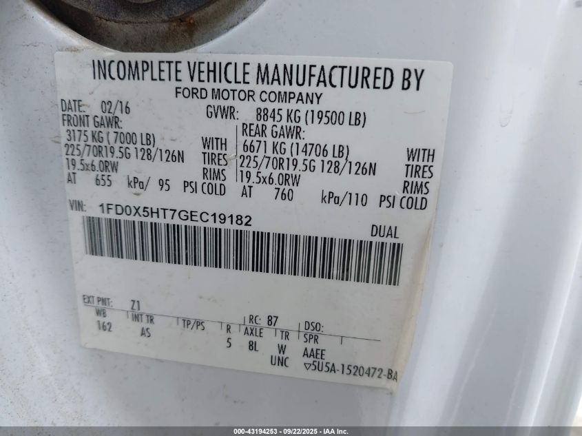 2016 Ford F-550 Chassis Xl VIN: 1FD0X5HT7GEC19182 Lot: 43194253