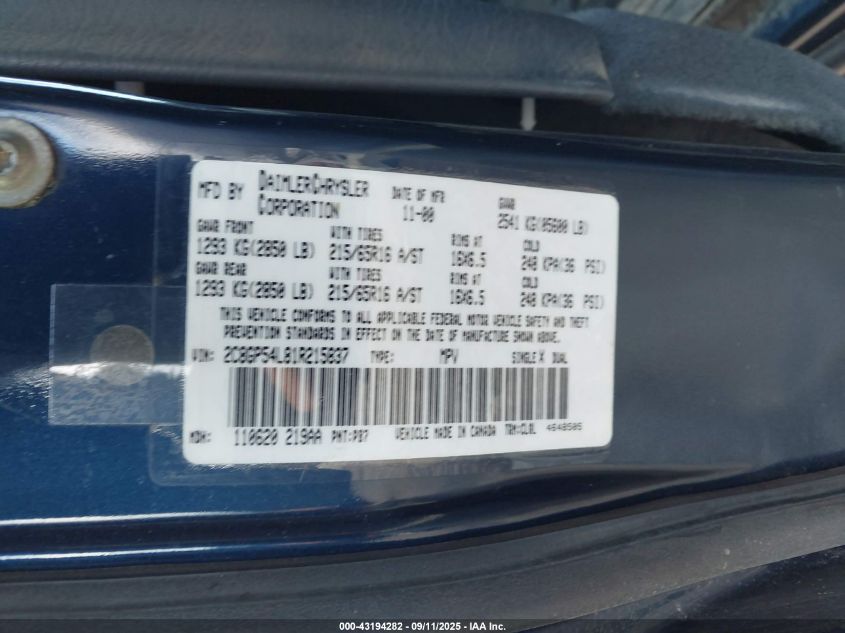 2001 Chrysler Town & Country Lxi VIN: 2C8GP54L81R215837 Lot: 43194282