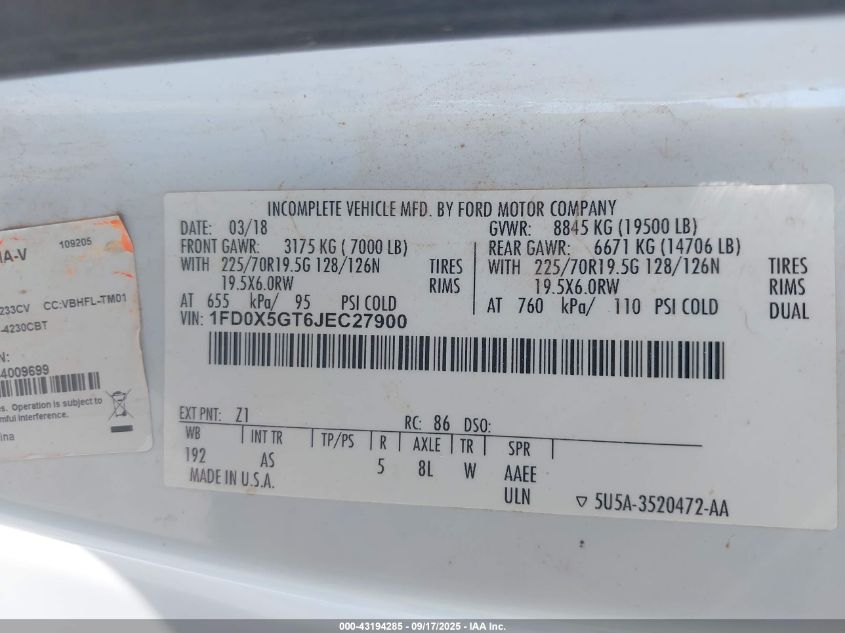 2018 Ford F-550 Chassis Xl VIN: 1FD0X5GT6JEC27900 Lot: 43194285