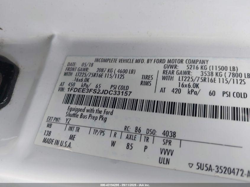 2018 Ford E-350 Cutaway VIN: 1FDEE3FS2JDC33157 Lot: 43194295