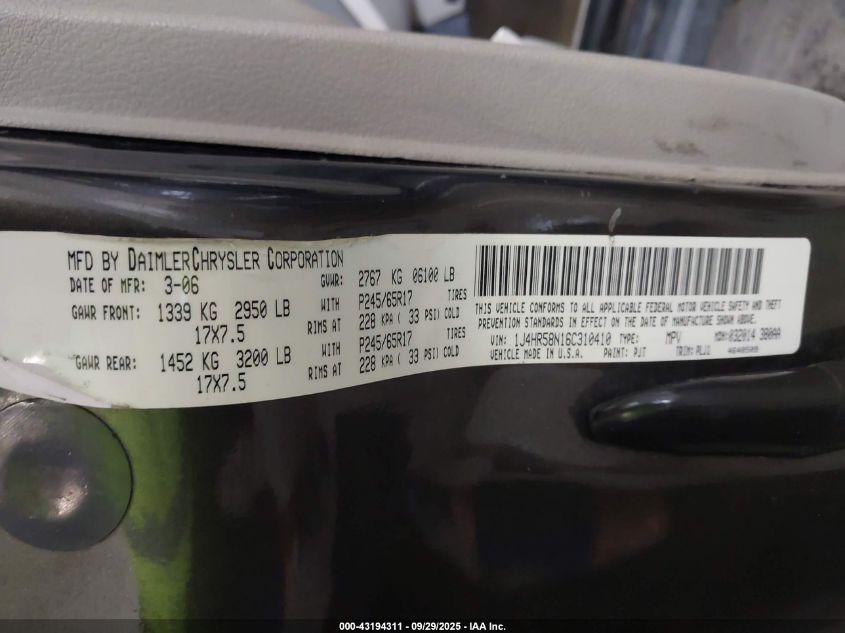 2006 Jeep Grand Cherokee Limited VIN: 1J4HR58N16C310410 Lot: 43194311