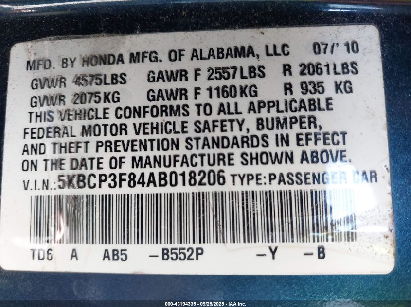 2010 Honda Accord 3.5 Ex-L VIN: 5KBCP3F84AB018206 Lot: 43194335