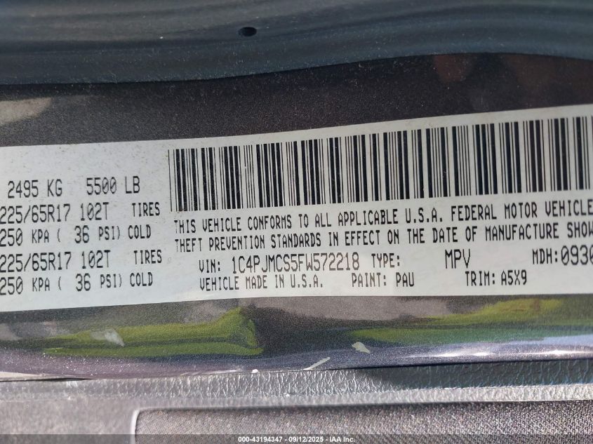 2015 Jeep Cherokee Latitude VIN: 1C4PJMCS5FW572218 Lot: 43194347