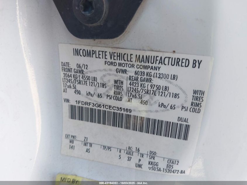 2012 Ford F-350 Chassis Xl VIN: 1FDRF3G61CEC35169 Lot: 43194353