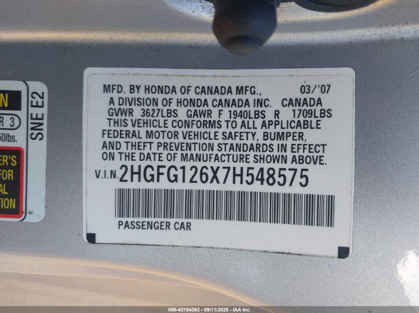 2007 Honda Civic Lx VIN: 2HGFG126X7H548575 Lot: 43194362