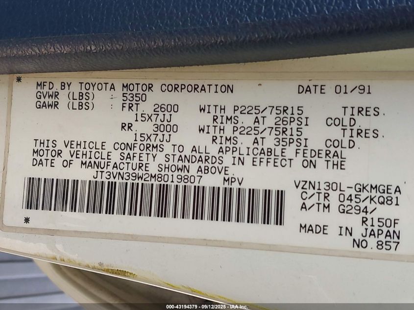 1991 Toyota 4Runner Vn39 Sr5 VIN: JT3VN39W2M8019807 Lot: 43194379
