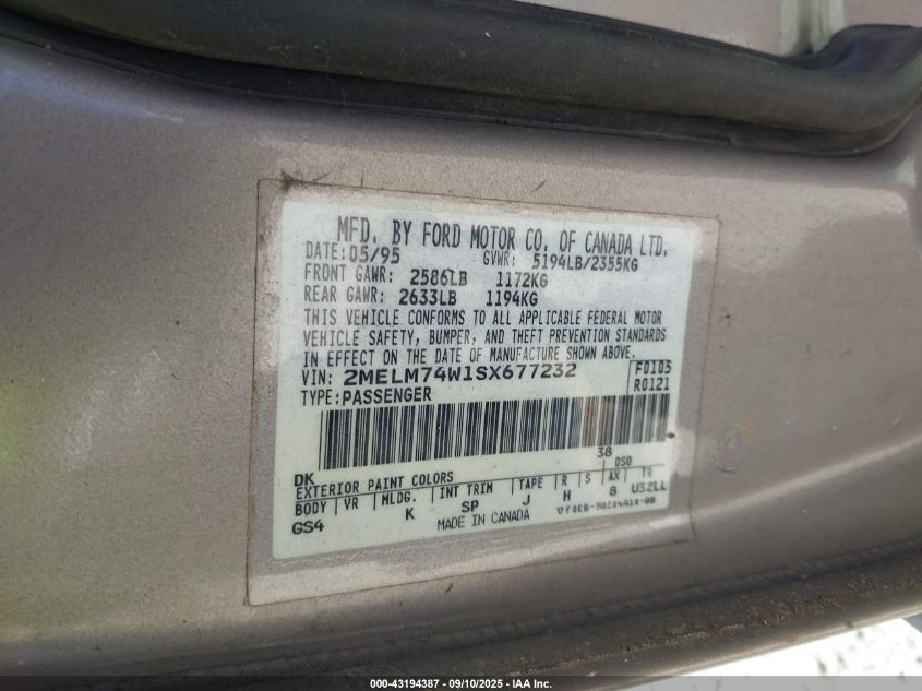 1995 Mercury Grand Marquis Gs VIN: 2MELM74W1SX677232 Lot: 43194387