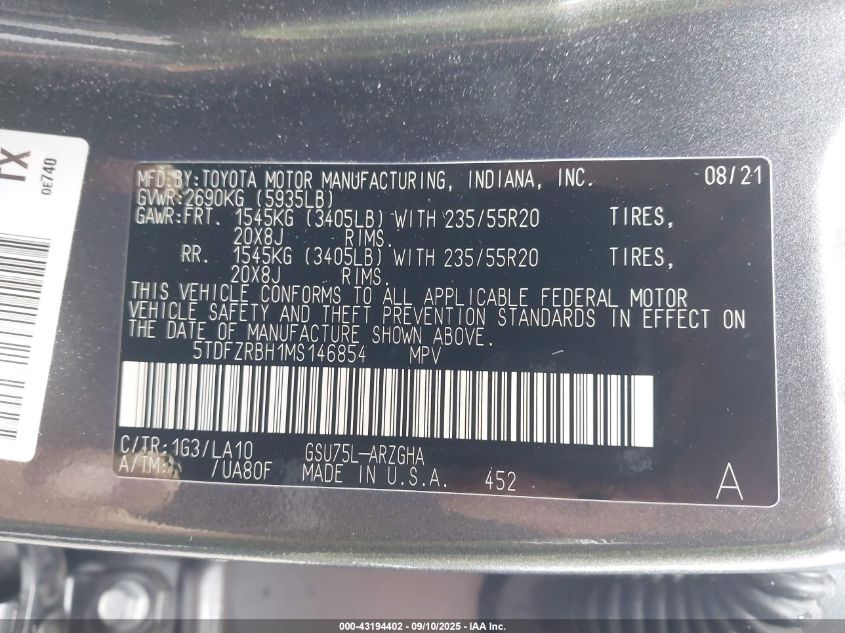 2021 Toyota Highlander Platinum VIN: 5TDFZRBH1MS146854 Lot: 43194402