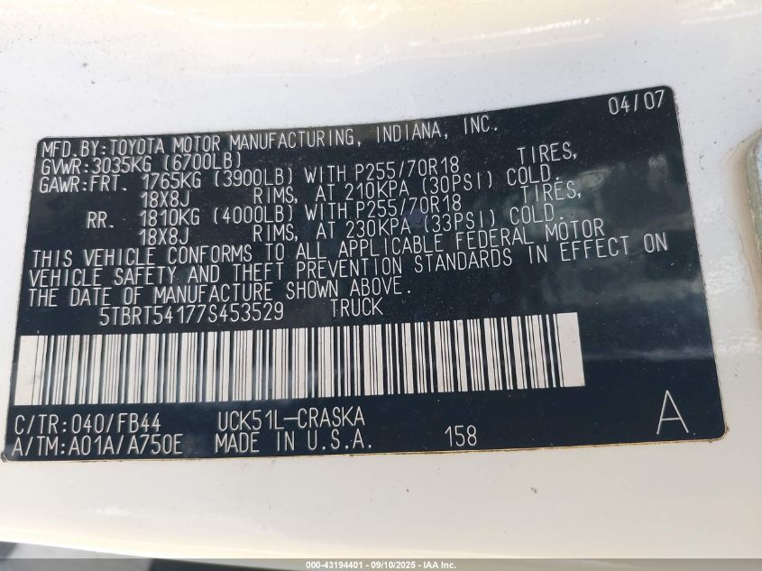 2007 Toyota Tundra Sr5 4.7L V8 VIN: 5TBRT54177S453529 Lot: 43194401