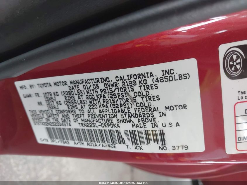 2005 Toyota Tacoma VIN: 5TETX22N25Z034574 Lot: 43194405