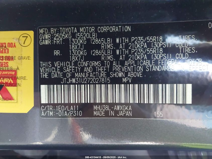 2007 Lexus Rx 400H VIN: JTJHW31U272027815 Lot: 43194415