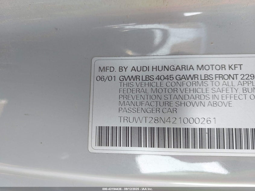 TRUWT28N421000261 2002 AUDI TT photo no. 9