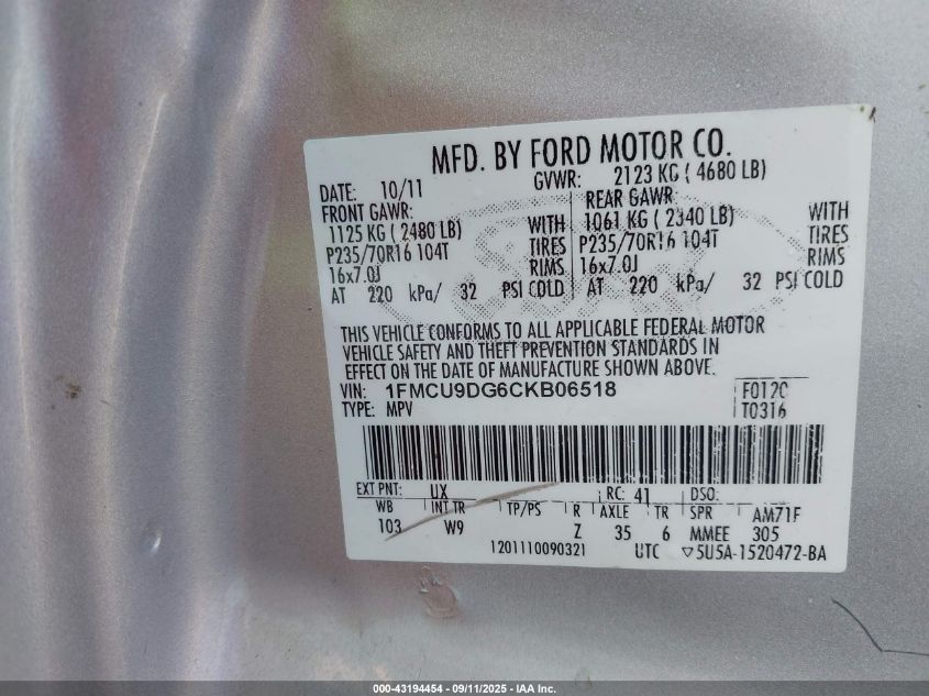 2012 Ford Escape Xlt VIN: 1FMCU9DG6CKB06518 Lot: 43194454