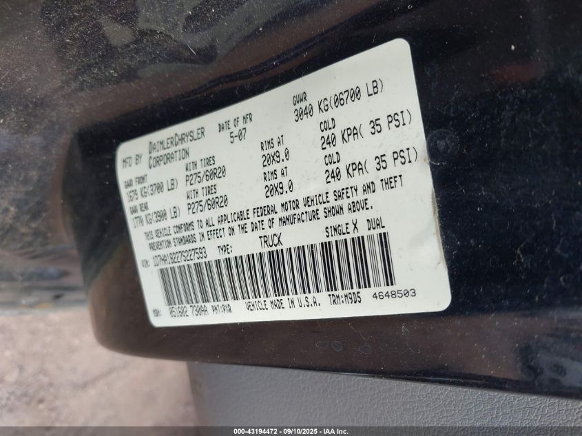 2007 Dodge Ram 1500 Slt VIN: 1D7HA18227S227593 Lot: 43194472