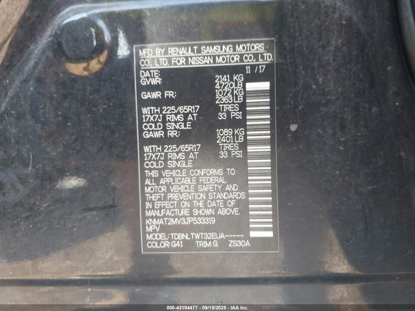 2018 Nissan Rogue 2.5 Sv Other Lot 111043194477 Vin KNMAT2MV3JP533319
