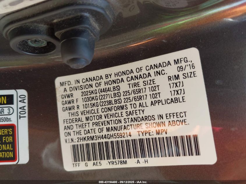 2016 Honda Cr-V Se VIN: 2HKRM3H44GH559214 Lot: 43194480