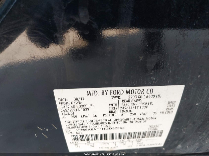 2017 FORD POLICE INTERCEPTOR - 1FM5K8AT1HGD92363