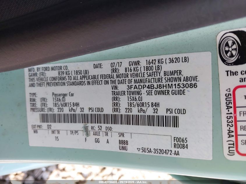 2017 Ford Fiesta Se VIN: 3FADP4BJ8HM153086 Lot: 43194488