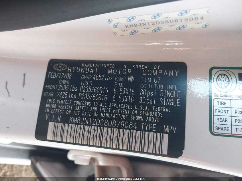 2008 Hyundai Tucson Limited V6/Se VIN: KM8JN12D38U879084 Lot: 43194499