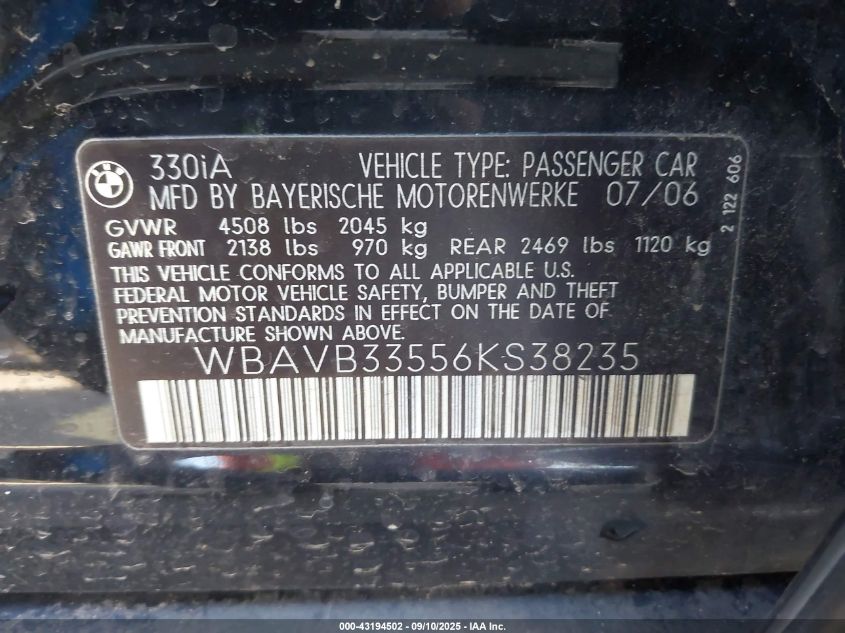 2006 BMW 330I VIN: WBAVB33556KS38235 Lot: 43194502