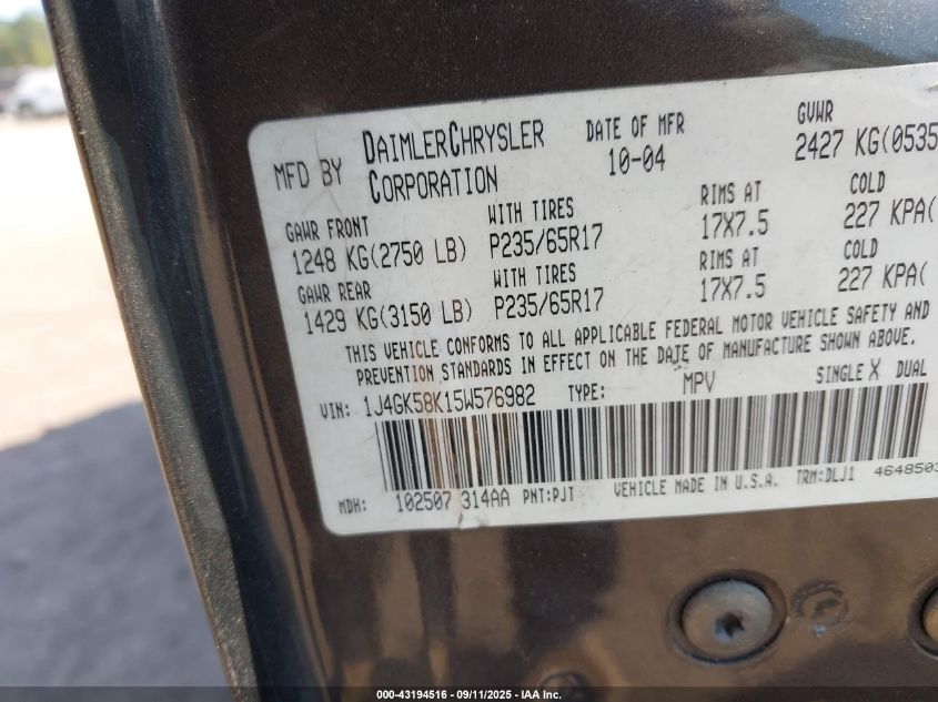 2005 Jeep Liberty Limited Edition VIN: 1J4GK58K15W576982 Lot: 43194516