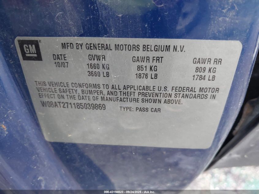 2008 Saturn Astra Xr VIN: W08AT271185039869 Lot: 43194523