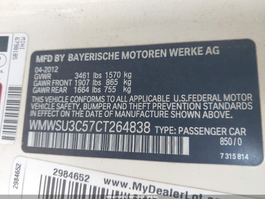 2012 Mini Cooper VIN: WMWSU3C57CT264838 Lot: 43194525