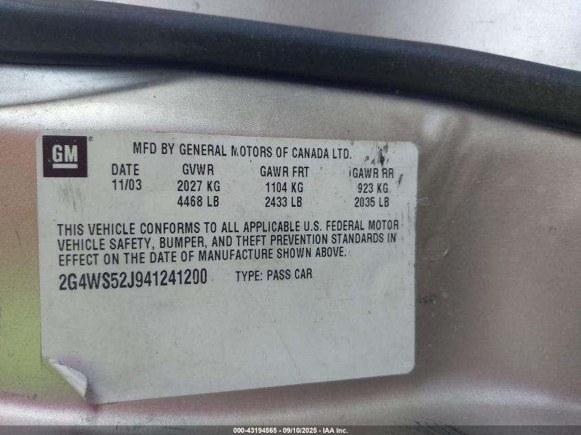 2004 Buick Century VIN: 2G4WS52J941241200 Lot: 43194565