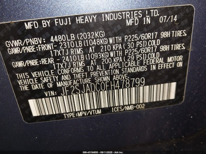 2015 Subaru Forester 2.5I Premium VIN: JF2SJADC0FH478799 Lot: 43194593