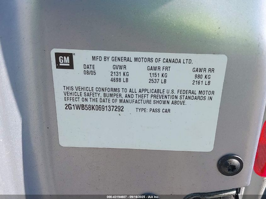 2006 Chevrolet Impala Ls VIN: 2G1WB58K069137292 Lot: 43194607