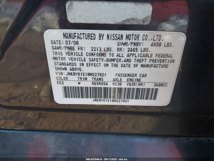 2008 Infiniti G35 Journey VIN: JNKBV61E18M227921 Lot: 43194618