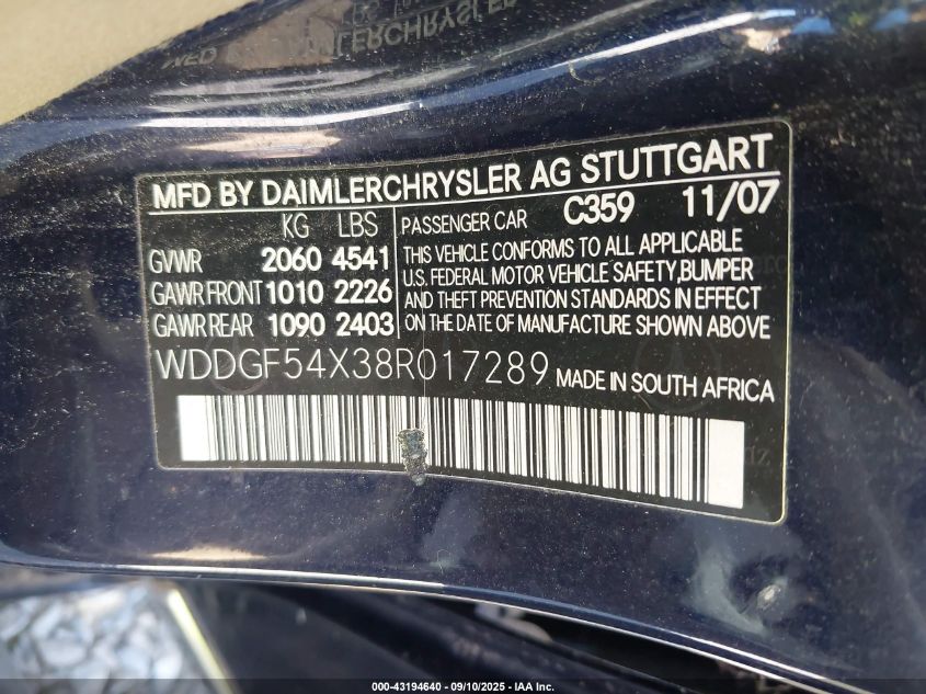 2008 Mercedes-Benz C 300 Luxury VIN: WDDGF54X38R017289 Lot: 43194640