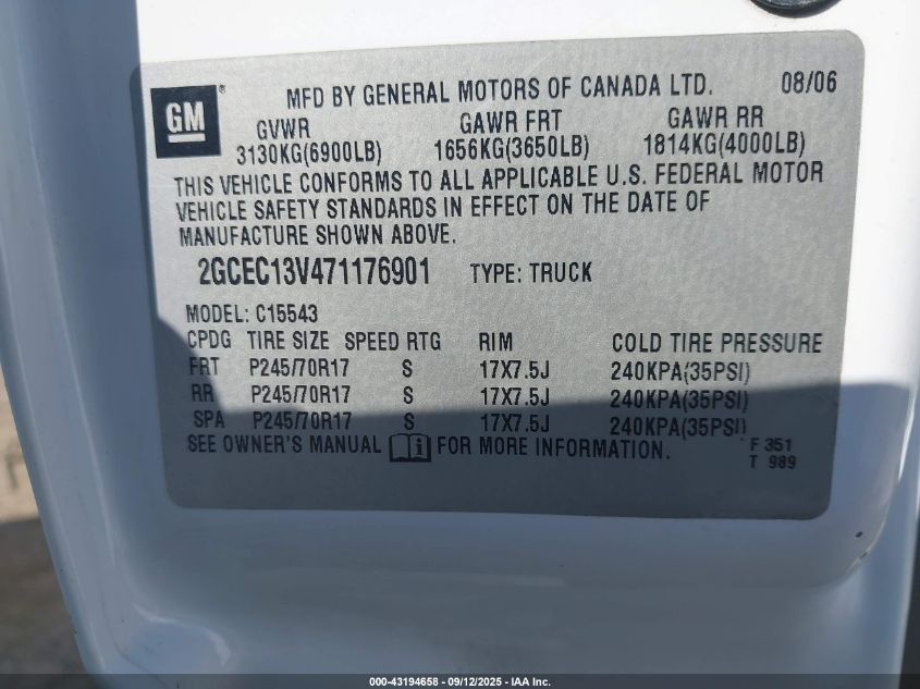 2007 Chevrolet Silverado 1500 Classic Ls VIN: 2GCEC13V471176901 Lot: 43194658