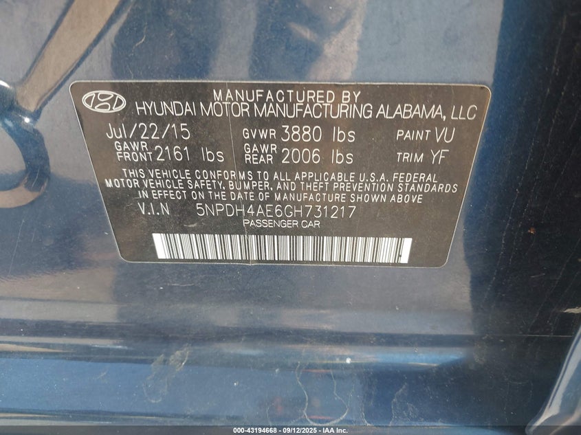 2016 HYUNDAI ELANTRA SE - 5NPDH4AE6GH731217