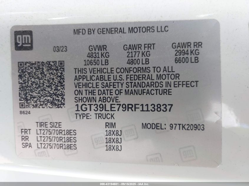 2024 GMC Sierra 2500Hd 4Wd Long Bed Pro VIN: 1GT39LE79RF113837 Lot: 43194681